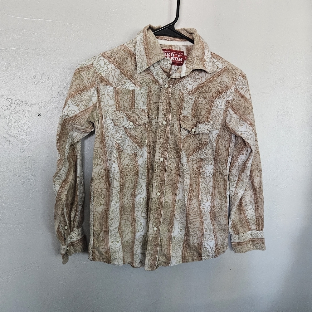 Red Ranch Boys Medium Tan and White Western Shirt Long Sleeve Pearl Snap Paisley
